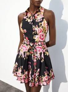 Maija 女士休闲简约牡丹花卉印花无袖衬衫领连衣裙，适合度假、海滩、音乐节、万圣节、派对、婚礼嘉宾、商务休闲 - 黑色 - 查看 6