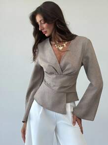 Aloruh New Stylish Commuter Waist Ruched Asymmetric Hem Long Flare Sleeve V-Neck Pullover Blouse,Fall Tops,Elegant Women's Blouses