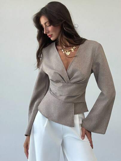 Aloruh Nuova blusa elegante con scollo a V, maniche a sbuffo lunghe, orlo asimmetrico e arricciatura in vita