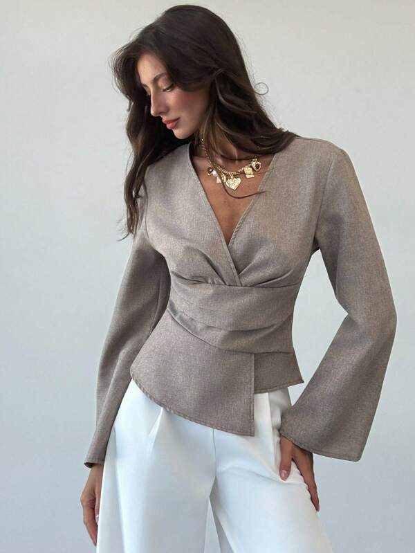 Aloruh New Stylish Commuter Waist Ruched Asymmetric Hem Long Flare Sleeve V-Neck Pullover Blouse,Fall Tops,Elegant Women's Blouses