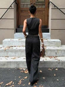 Muchica Conjunto de 2 piezas de ropa casual de negocios para mujer, con chaleco de cuello en V con botones y estampado de rayas, y pantalones. Ropa casual para mujer y pantalones de traje en estilo gótico para otoño/invierno