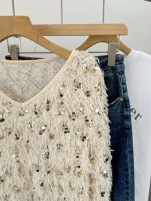 SHEIN Frenchy Suéter feminino solto de manga comprida com lantejoulas e decote em V de cor sólida - Damasco - Ver 4
