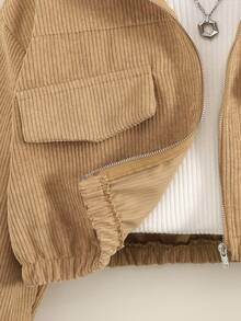 Tween Girl Loose Casual Drop Shoulder Hooded Cropped Corduroy Jacket,In Fall/Winter - Camel - View 7