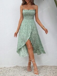 KARISMINA Ditsy Floral Print Shirred Wrap Hem Cami Dress,Pastel Dresses For Women - Green - View 7
