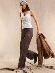 Easelle Quần ống đứng dáng rộng màu nâu họa tiết hạt phong cách Bohemian dành cho nữ, mùa hè - màu nâu - Xem 3