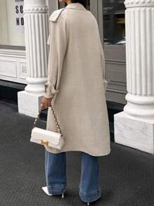 SHEIN LUNE 女式仿亚麻双排扣长款风衣 - 卡其色 - 查看 2