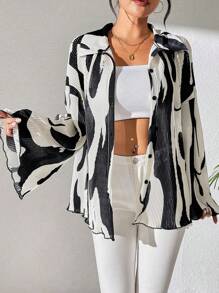SHEIN Unity Rafferiza Women Spring/Summer Fashion Holiday Commute Loose Dropped Shoulder Long Flared Sleeve Pleated Blouse, With Random Spring/Summer Color Block Print, Long Sleeve Top Fall Cloth For Women - Apricot - View 6