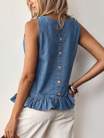 EMERY ROSE Vacation Casual Sleeveless Denim Top With Back Buttons And Ruffle Hem