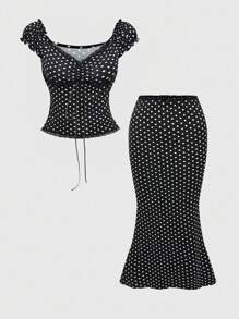 ROMWE Kawaii V 领蝴蝶结装饰拼色波尔卡圆点蕾丝拼接无袖上衣和裙子，迷人百搭夏季两件套女裙
