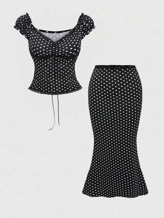 ROMWE Kawaii V-Neck Bowknot Decor Colorblock Polka Dot Lace Panel Sleeveless Top And Skirt, Flattering & Versatile Summer Outfit Two Pieces Outfit Women Skirt