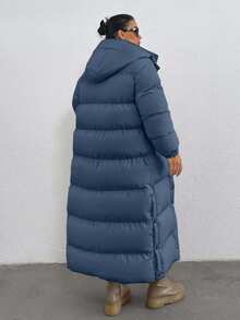 EURMUSE Keep Warm Feature, Maxi Lenght, Side Popper Detailed Puffer Winter Coat - Blue - View 2