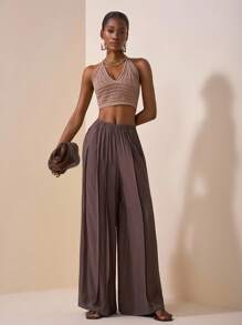 Zivah 2025 Autumn New Music Festival, Easter, St. Patrick's Day, Western, Nomadic, Birthday Party, Graduation, College Style, Student Wear, Daily Casual, All-Match Versatile, Leisure, Vacation, Cruise Travel, Beach, Sunbathing, Viral , Streetwear, Wedding Guest Boho, Commute, Brunch, Airport, Brown Linen Pants With Pockets And Slits - Brown - View 7