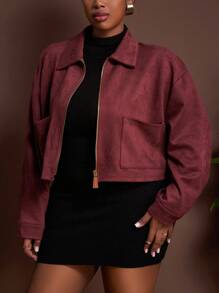 Veslaya Hàng mới về đầu thu, thanh lịch và thoải mái cho trang phục hàng ngày, áo khoác ngắn cổ sơ mi màu đỏ gỉ sét dáng rộng có khóa kéo, cỡ lớn dành cho nữ - Thu Đông - Rỉ Nâu - Xem 7