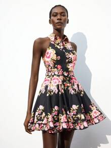 Maija 女士休闲简约牡丹花卉印花无袖衬衫领连衣裙，适合度假、海滩、音乐节、万圣节、派对、婚礼嘉宾、商务休闲 - 黑色 - 查看 5