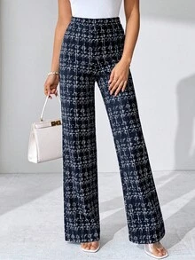 SHEIN Tall CURVE Plus Size Fall Elegant Women's Plaid Printed Elastic Knitted Pants, Suitable For Various Occasions, Suitable For Fall Vacation, Elegant Travel, And Daily Commuting,Fall Clothes For Women Pattern Pants Palazzo Pants Dressy Pants Wide Leg Pants Women Pants