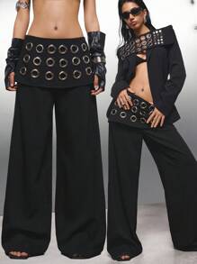 LYSMO 2025 New Minimalist Fall Women's Eyelet Design Wide Leg Loose Fashion Suit Pants - Black - View 2