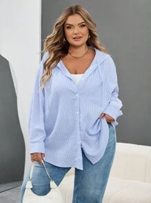 SHEIN CURVE+ Plus Size Women's Loose Casual Striped Hooded Shirt, Lightweight Shacket For Summerfall Clothes For Women,Winter,CURVE PLUS - Blue and White - View 4
