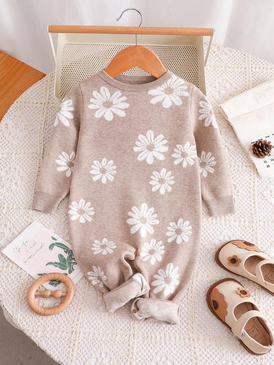 SHEIN 新生女婴花卉印花长袖连体衣,秋冬 - 彩色 - 查看 1