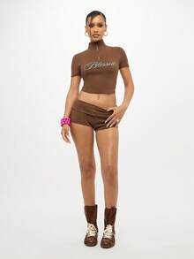 SUMWON WOMEN Two Piece High Neck Zip Top And Booty Shorts Co Ord Set - Crop Set With Lettering Print Festival Summer Beachwear - Brown - View 5