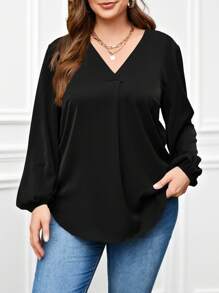 EMERY ROSE 大尺碼v領燈籠袖上衣 - 黑色 - 查看 4