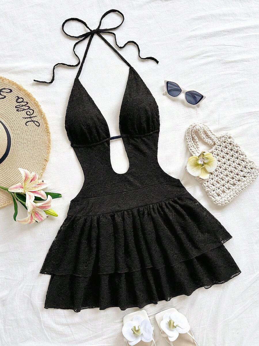 Soleia 奶油黄色女士度假复古扎染印花深 V 领露背系带双荷叶边下摆腰部收紧迷你连衣裙，适合派对、性感、约会、下午茶、街头、城市度假、音乐节、海滩、夏季 - 黑色 - 查看 1