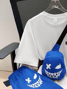 SHEIN 3 件套青少年男孩运动休闲学院风短袖上衣、短裤和斜挎包，春夏