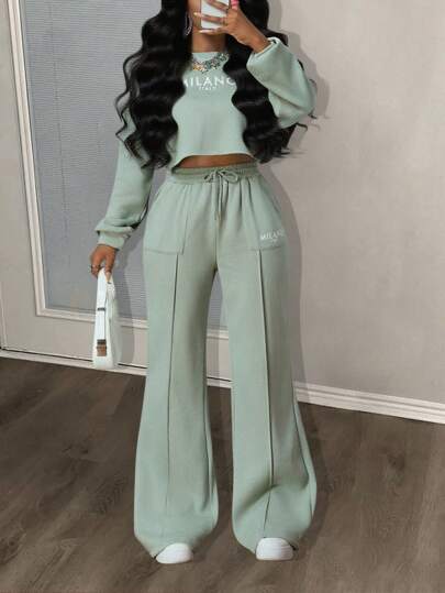 Slaydiva New Autumn And Winter Casual Street Sports Daily Dating Sportswear Simple Basic Style Round Neck Drop Shoulder Loose Cropped Long-Sleeved Sweater Top + Wide-Leg Pants Straight Pants Pocket Decor/ 2 Pieces Sets Woman