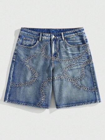 Street Life Men's Summer Casual Washed Denim Embroidered Shorts