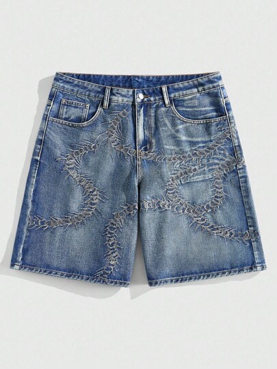 Street Life Men's Summer Casual Washed Denim Embroidered Shorts