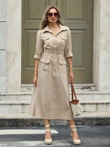 Mulvari 纯色纽扣前半襟收腰口袋翻盖连衣裙，女士休闲口袋七分袖领口常规版型长款卡其粘胶卷起袖纯色衬衫女式长裙，春季/秋季，休闲日常穿着长款女装
