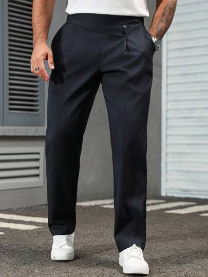 Manfinity Bizformal Pantalones de traje de hombre de unicolor minimalista con bolsillo plisado, pantalones casuales de uso diario de cintura alta, estilo formal de negocios, dinero antiguo