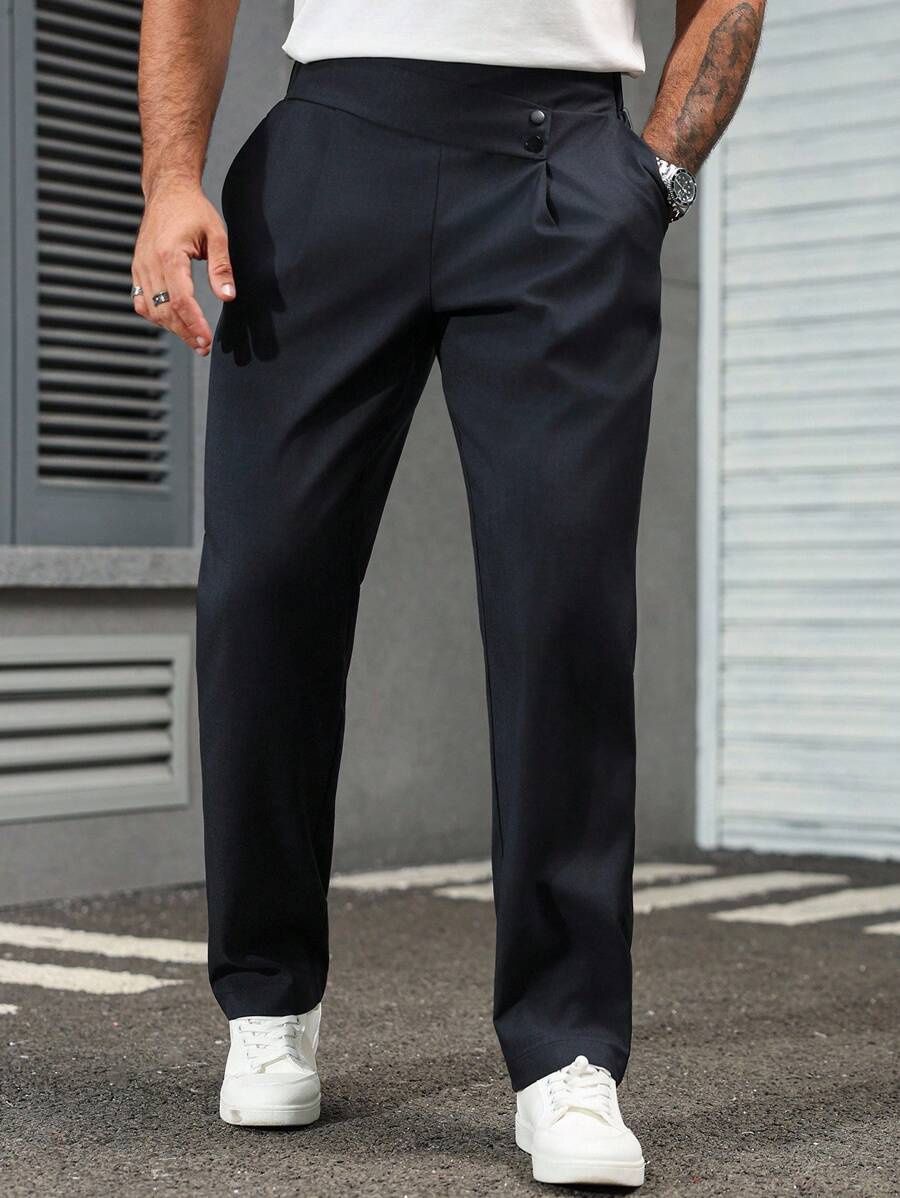Manfinity Homme 男士简约纯色褶皱口袋西装裤，休闲日常穿着高腰休闲裤，商务正装风格，复古风 - 藏蓝色 - 查看 1
