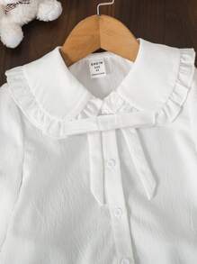 Set de 2 piezas de camisa casual de unicolor tejida y minifalda PU para niña joven - Blanco - Ver 9