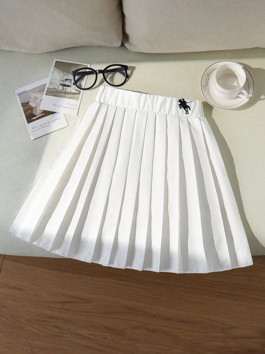 1 Chân váy xếp ly thêu họa tiết ngựa cạp chun cho bé gái, phong cách thường ngày đi học, phù hợp cho mùa xuân, hè, thu - trắng - Xem 1