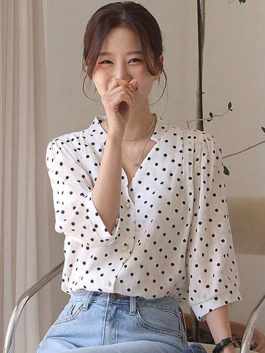 DAZY Women's V-Neck Polka Dot Printed Elegant Casual Blouse,Ruffle Long Sleeve Top - White - View 1