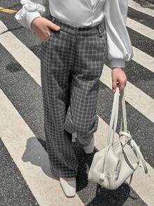 青少年女孩休闲通勤格子直筒裤 - 灰色 - 查看 7