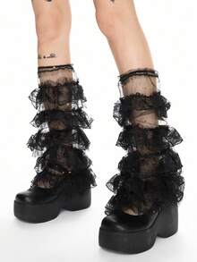 ROMWE Kawaii 1 Pair Elegant Black Lace Layered Tulle Glitter Moon & Star Leg Warmers - Black - View 1