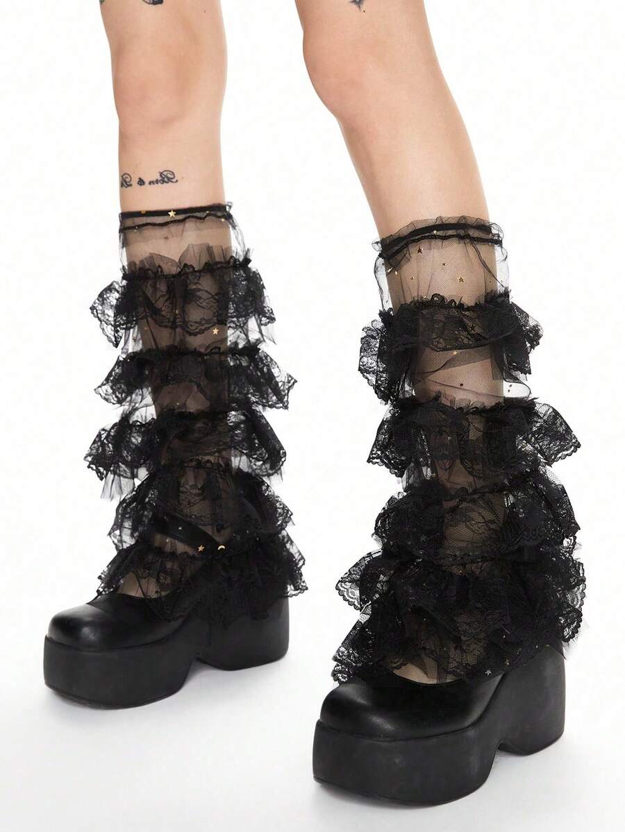 ROMWE Kawaii 1 Pair Elegant Black Lace Layered Tulle Glitter Moon & Star Leg Warmers - Black - View 1