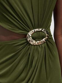 Maija 2025 秋季婚礼宾客时尚优雅早午餐装、机场装、波西米亚度假风格、音乐节、复活节、毕业季日常休闲腰部金属装饰不对称肩部中长连衣裙、商务休闲都市通勤时尚优雅复古女士办公室装 - 軍綠色 - 查看 8