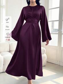 Modelyn 勃艮第红女士纯色缎面优雅束腰连衣裙，优雅晚会礼服长款晚礼服 - 紫色 - 查看 8