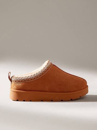 Solecia Women's Fashion Comfortable Thick Sole Brown Snow Boots, Faux Suede Thermal Lining, Woven Trim, Warm Indoor/Outdoor Thermal Slippers