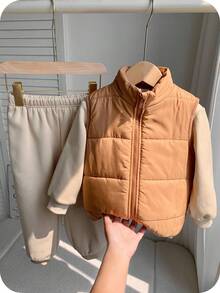 SHEIN 3pcs/Set Young Boy Back To School Casual Comfortable Versatile Quilted Coat, Crew Neck Sweatshirt, And Pants Tracksuit Set, Winter, Fall Clothes - Apricot - View 6