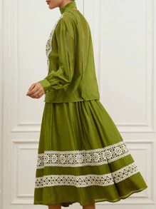 BELROSIE Green High-End Elegant V-Neck Tie Lace Patchwork French Retro Elegant Embellished Loose Midi Skirt Women 2 Pieces Set Fall Cloth For Women - Green - View 6