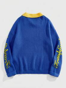 ROMWE MEN Prep Men's Letter Printed Polo Collar Knit Sweater - Blue - View 2