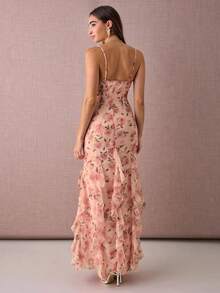 Enchnt 秋冬浪漫女士优雅粉色花卉印花拼布荷叶边下摆修身优雅吊带长裙，甜美优雅，适合度假、约会、节日、派对、毕业典礼、婚礼宾客和海滩、舞会礼服、优雅派对礼服 - 粉色 - 查看 7