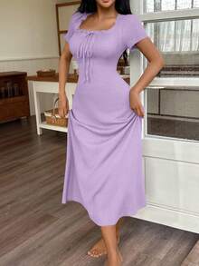 SHEIN 女士休闲纯色提花褶皱荷叶边方领长款连衣裙家居服 - 紫色 - 查看 6