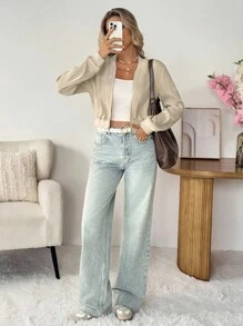 SHEIN LUNE Women's Casual Solid Color Long Sleeve Zip-Up Baseball Jacket Cropped Blazer Summer Blazer Light Cardigan For Summer Women Blouses Elegant Fall For Women Fall Fall Women Going Out Tops Women Winter For Women Fall For Women Airport For Women Going Out