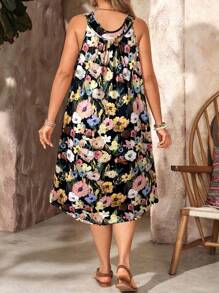 EMERY ROSE 大码花卉印花无袖休闲度假连衣裙