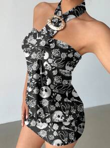 Aloruh Đầm ngắn hở lưng họa tiết hoa hồng xương rồng gợi cảm phong cách Halloween Y2K dành cho nữ, đầm Halloween - màu đen - Xem 3