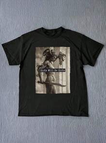 EMERY ROSE 女式夏季美杜莎和英仙座头像印花圆领短袖简约休闲日常黑色T恤上衣 - 黑色 - 查看 3